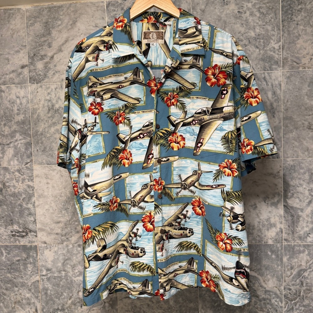 Kalaheo WWII Warbird Hawaiian Shirt Aviation Print Blue XL Excellent
